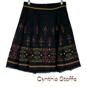 Cynthia Steffe Black Embroidered Wool Silk Blend Lace Pleated Skirt‎ NWOT Size M